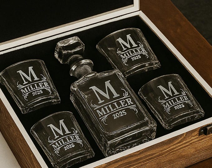 Personalized Whiskey Decanter Set, Customized Groomsmen Gifts, Laser Engraved Decanter Set With Wood Box, Best Man Wedding Gift for Him