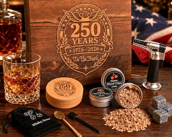 America 250 Whiskey Smoker Kit, 1776–2026 Patriotic Bourbon Gift Set, Engraved Wooden Box, USA 250th Anniversary Gift for Men