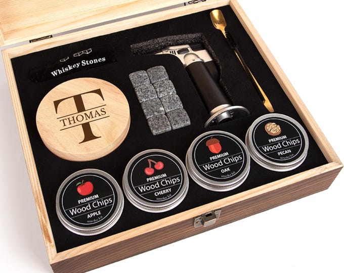 Whiskey Smoker Set with Premium Wood Box, Personalized Cocktail Kits, Laser Engraved Custom Logo, Christmas gift for dad husband brother son
