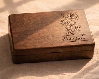 Personalized Jewelry Box with Name, Custom Wooden Birthday Gift, Engraved Gift for Her, Bridesmaid Gift, Minimalist Floral Jewelry Box