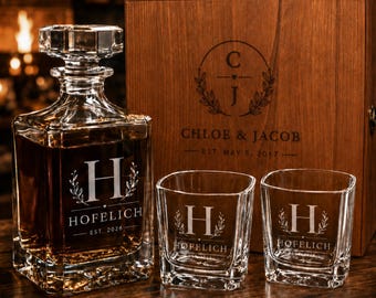 Personalized Whiskey Decanter Set, Engraved Glassware, Custom Monogram Gift Box, Custom Logo Glass, Wedding Engagement gifts for couples