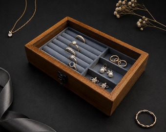 Teak Wood Jewelry Box with Velvet Lining, Clear Acrylic Lid Display