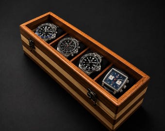 Wooden Watch Box with Transparent Lid 4 Compartments and Cushions Teak & Pine – BJJPTA4P 36.5x10x10