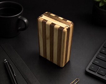 Teak and Pine Wood Sliding Jewelry Box, Rounded Corners, Magnetic Closure Storage