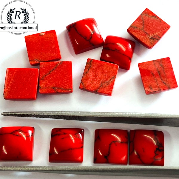 Natural Red Howlite Turquoise Calibrated Square Shape Cabochon Gemstone 5MM - 25MM Flat Back Loose Gemstone