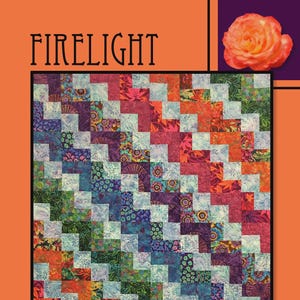 May include: A quilt pattern titled Firelight by Villa Rosa Designs featuring a geometric arrangement of small squares in a vibrant spectrum of orange, red, purple, blue, and green floral and abstract prints, set against an orange background.