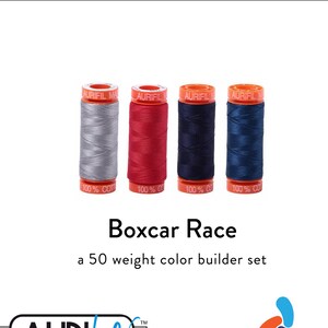 AURIFIL Boxcar Race Color Builder Red Blue Grey 50 Weight Wt 200M 220y Spool Quilt Cotton Quilting Thread Set of 4 2606 2250 2785 2783