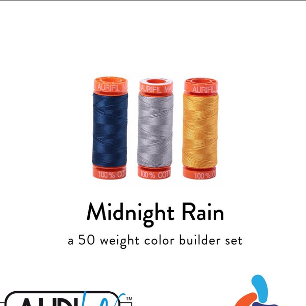 AURIFIL Midnight Rain Color Builder Blue Grey Gray Yellow 50 Weight Wt 200M 220y Spool Quilt Cotton Quilting Thread Set of 3 2783 2606 2130