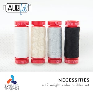 AURIFIL NECESSITIES Color Builder Set of 4 Black White Gray 12 Weight Wt 50m 54y Spool Hand Quilt Cotton Quilting Thread 2000 2021 2600 2692