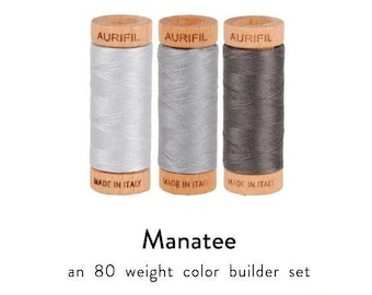Aurifil MANATEE Color Builder Dove Grey Gray Charcoal Steel 80 Weight Wt Cotton 300y 274m Mako Thread Set of 3 Spools 2600 2606 2630
