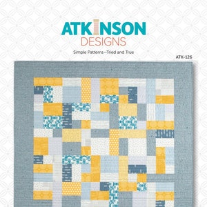 May include: A quilt pattern called "Yellow Brick Road" by Atkinson Designs. The quilt features a patchwork design with yellow, blue, and white squares. The pattern is simple and easy to follow, making it a great choice for beginner quilters.