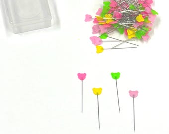 Heat Resistant BEAR CUB Pink Green Yellow Sewing Notion Flat Quilting Pins 50 Pack 2 Inch
