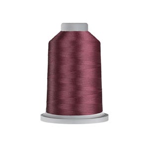 May include: A spool of deep burgundy sewing thread featuring a smooth, consistent winding pattern. The spool has a light gray plastic base and a matching light gray top cap, providing a clean, cylindrical structure for the dark red thread.