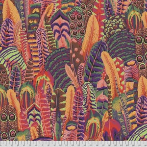 May include: A vibrant, colorful pattern featuring a dense arrangement of stylized feathers in shades of orange, purple, green, and brown. The design has a textured appearance, with each feather displaying intricate details and patterns. The overall effect is a rich, decorative textile.
