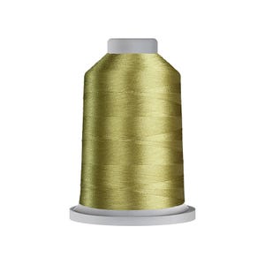 May include: A spool of metallic gold embroidery thread featuring a smooth, lustrous finish. The thread is tightly wound around a cylindrical core with a flat white base and a matching white top cap, creating a uniform and compact appearance.