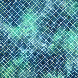 May include: A fabric featuring a repeating diamond grid pattern in thin yellow lines overlaid on a tie-dye background. The colors transition between deep navy blue, teal, and bright emerald green, creating a textured and mottled appearance.