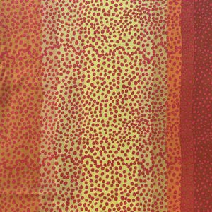 May include: Abstract textile design featuring a pattern of red dots on a yellow and orange gradient background. The design includes vertical stripes of varying shades of red and orange, creating a textured appearance.