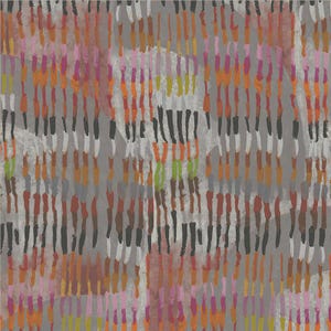 May include: A wallpaper pattern featuring vertical columns of short, textured brushstrokes in shades of orange, pink, lime green, white, and black. These colorful marks are arranged against a muted gray background with subtle, cloudy washes.
