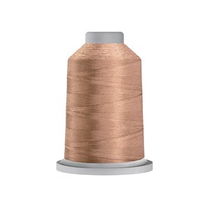 May include: A spool of metallic rose gold embroidery thread featuring a smooth, shiny finish wrapped around a cylindrical core with a light gray plastic base and a matching light gray top cap, standing upright against a plain white background.