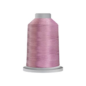 May include: A spool of sewing thread featuring a soft, dusty pink color with a subtle sheen. The thread is wound tightly around a cylindrical core, which has a light gray plastic top and a matching light gray plastic base for stability.