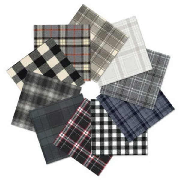 Kaufman Mammoth Flannel Shadows and Light Color Story Grey Black Woven Plaid Cotton Flannel Fat Quarter Fabric 10 piece FQs