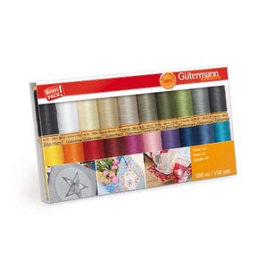 May include: A Gütermann thread set in a clear plastic box. The set includes spools of various colors, including black, white, yellow, orange, red, and shades of green, purple, and blue. The box also features the text "BONUS PACK" and "100 m / 110 yds".