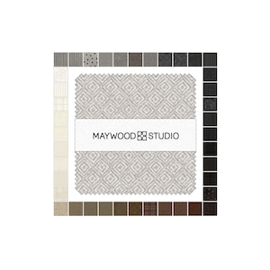 May include: A sample of a gray and white patterned fabric with a white label that reads "MAYWOOD STUDIO". The fabric is surrounded by a border of smaller fabric samples in various colors and patterns.