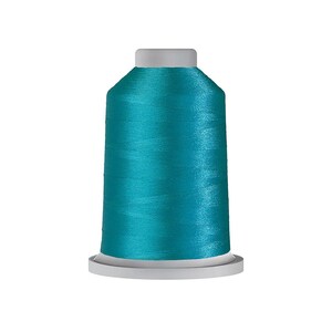 May include: A spool of vibrant teal embroidery thread featuring a smooth, lustrous finish. The thread is wound tightly around a cylindrical core with a flat white base and a matching white top cap, creating a uniform and cylindrical shape.