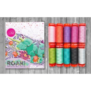 May include: A set of ten spools of Aurifil 100% cotton thread in various colors, including pink, orange, purple, green, and gray, alongside a rectangular box featuring a green triceratops illustration and the text ROAR! 100% cotton thread 50 set.