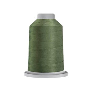 May include: A large spool of olive green sewing thread. The thread is wound tightly around a cylindrical core with a flat white base and a matching white top cap. The texture of the thread is visible as it wraps around the spool in a smooth, uniform pattern.
