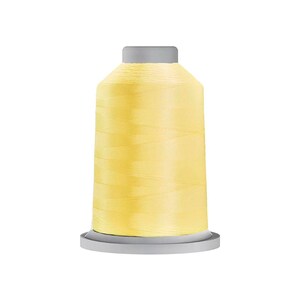 May include: A spool of light yellow sewing thread featuring a cylindrical core with a flat base and a top cap. The thread is wound tightly around the central column, creating a smooth, uniform surface texture in a bright, pale yellow color.