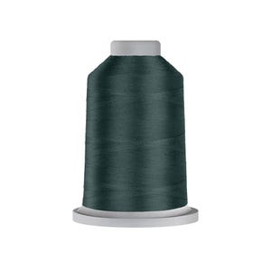 May include: A spool of dark forest green sewing thread featuring a cylindrical shape with a flat top and a wider circular base. The thread is tightly wound around the central core, displaying a smooth, consistent texture and a deep, muted green color.