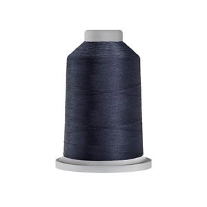 May include: A spool of dark navy blue sewing thread wound tightly around a cylindrical core. The thread has a smooth, slightly lustrous finish, and the spool features a flat, light gray base and a matching light gray top cap for stability.