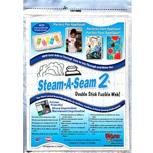 May include: A package of Steam-A-Seam 2 double stick fusible web. The packaging features blue and white text, a grid pattern, and illustrations of craft projects. It contains 5 sheets measuring 9 inches by 12 inches for sewing and applique.