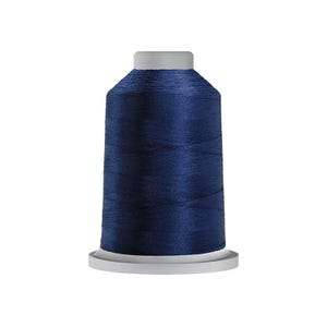 May include: A spool of dark navy blue sewing thread wound tightly around a cylindrical core. The thread has a smooth, slightly reflective finish, and the spool features a flat, light gray base and a matching light gray top cap.