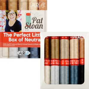 May include: A box of 10 small spools of Aurifil 50wt cotton thread in neutral colors. The box is labeled "The Perfect Little Box of Neutrals" and features a photo of Pat Sloan, "The Voice of Quilting".