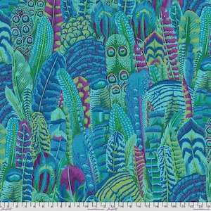 May include: A vibrant fabric featuring a dense pattern of stylized feathers in shades of teal, blue, green, and purple. The design includes various feather shapes and textures, creating a visually rich and detailed textile.