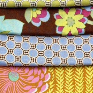 Retired AMY BUTLER Out of Print Mid Century Modern Floral Art Pink Yellow Brown Green Blue Fabric 6 Fat Quarter FQs OOP