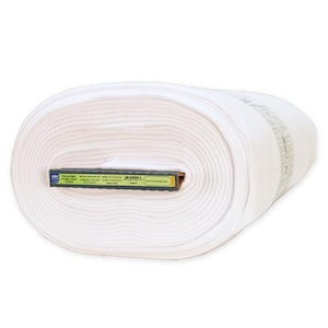 May include: A roll of white fabric, tightly wound and ready for use. The fabric is a solid, bright white color. A label with text is visible on the roll. The fabric appears to be a lightweight material, suitable for various sewing projects.
