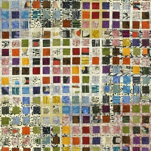 May include: A colorful fabric with a grid pattern of small squares. Each square has a different pattern and color, including red, blue, green, yellow, and purple. The fabric has a white background with a subtle texture.