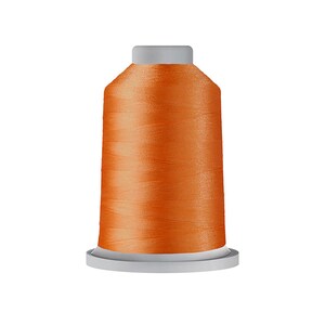 May include: A spool of orange thread, ideal for sewing and embroidery projects. The thread is tightly wound on a white and gray spool, providing a vibrant color for various crafting needs. The thread has a shiny, smooth texture.