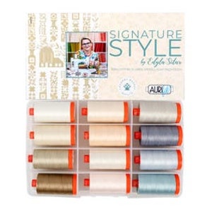 Aurifil Signature Style Collection EDYTA SITAR LBQ Mako Cotton 50 Wt Large Spool Neutral Beige Blue Color Quilting Thread Set of 12