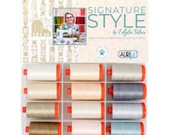 Aurifil Signature Style Collection EDYTA SITAR LBQ Mako Cotton 50 Wt Large Spool Neutral Beige Blue Color Quilting Thread Set of 12