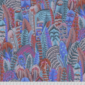 May include: A vibrant fabric featuring a dense pattern of stylized feathers in shades of blue, teal, pink, and rust. The feathers vary in size and shape, creating a textured and visually rich design. The fabric has a ruler printed along the bottom edge.