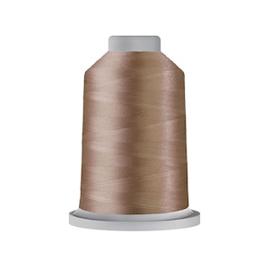May include: A spool of light brown sewing thread featuring a smooth, lustrous finish. The thread is wound tightly around a cylindrical core with a flat white base and a matching white top cap, creating a uniform and compact shape for storage.
