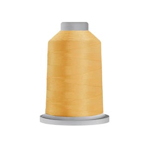May include: A spool of golden yellow sewing thread wound tightly around a cylindrical core. The spool features a flat, light gray plastic base and a matching light gray top cap, with the smooth, vibrant yellow thread covering the entire center.