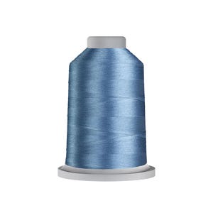 May include: A spool of light blue sewing thread with a smooth, lustrous finish. The thread is wound tightly around a cylindrical core, featuring a flat white base and a matching white top cap, creating a uniform and clean appearance for textile work.