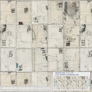 May include: A fabric swatch featuring a grid of off-white rectangular panels with black line drawings, numbers, and abstract markings. A ruler at the bottom shows a scale in inches and centimeters, and a label indicates a repeat size of 17.5" x 42".