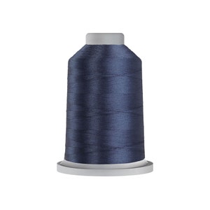 May include: A spool of navy blue thread, tightly wound around a white base. The thread has a slight sheen, suggesting a smooth texture. The spool is cylindrical with a rounded top, suitable for sewing and embroidery projects.