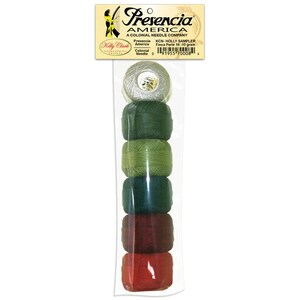 May include: A package of six spools of colorful embroidery thread. The spools are in shades of green, red, and silver. The packaging includes the text "Presencia America" and "KCN-HOLLY SAMPLER".